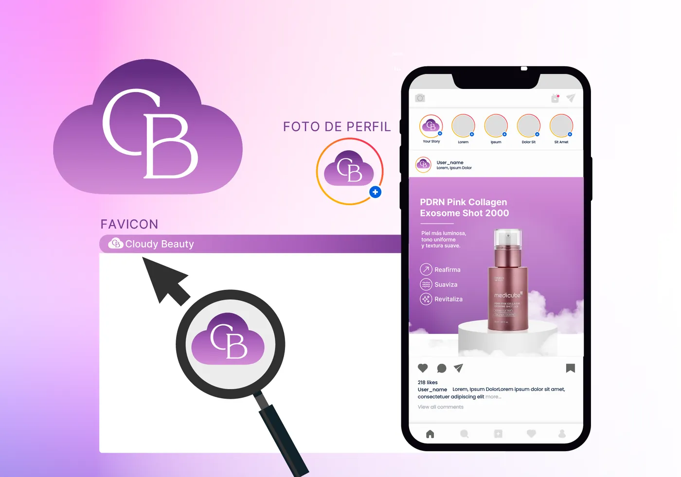 Aplicaciones del isotipo: favicon, foto de perfil y publicación de Instagram