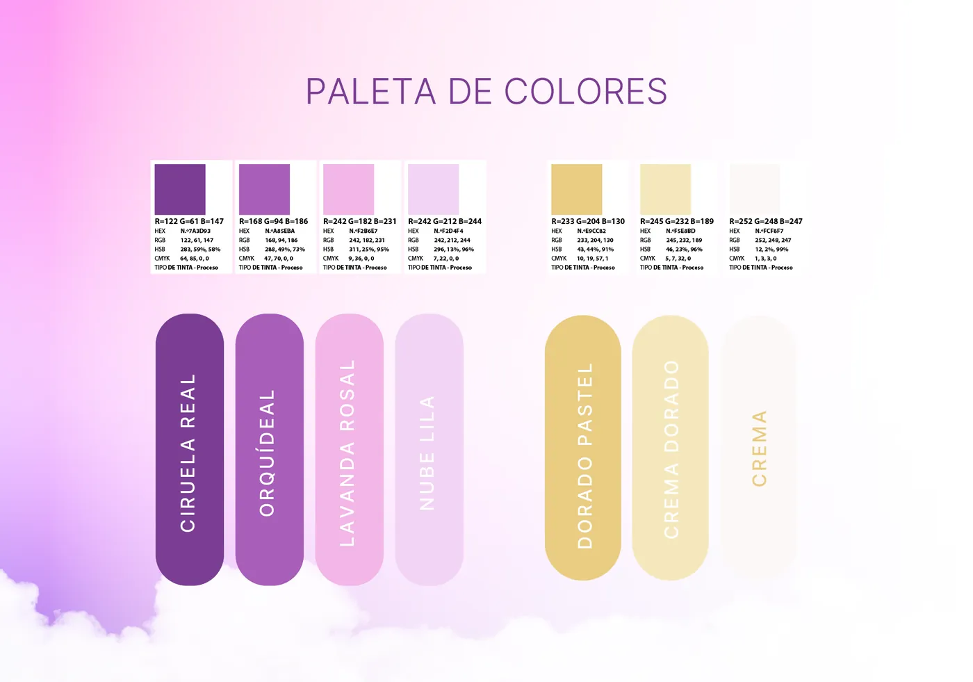 Paleta de colores: Ciruela Real, Orquídeal, Lavanda Rosal, Nube Lila, Dorado Pastel, Crema Dorado y Crema