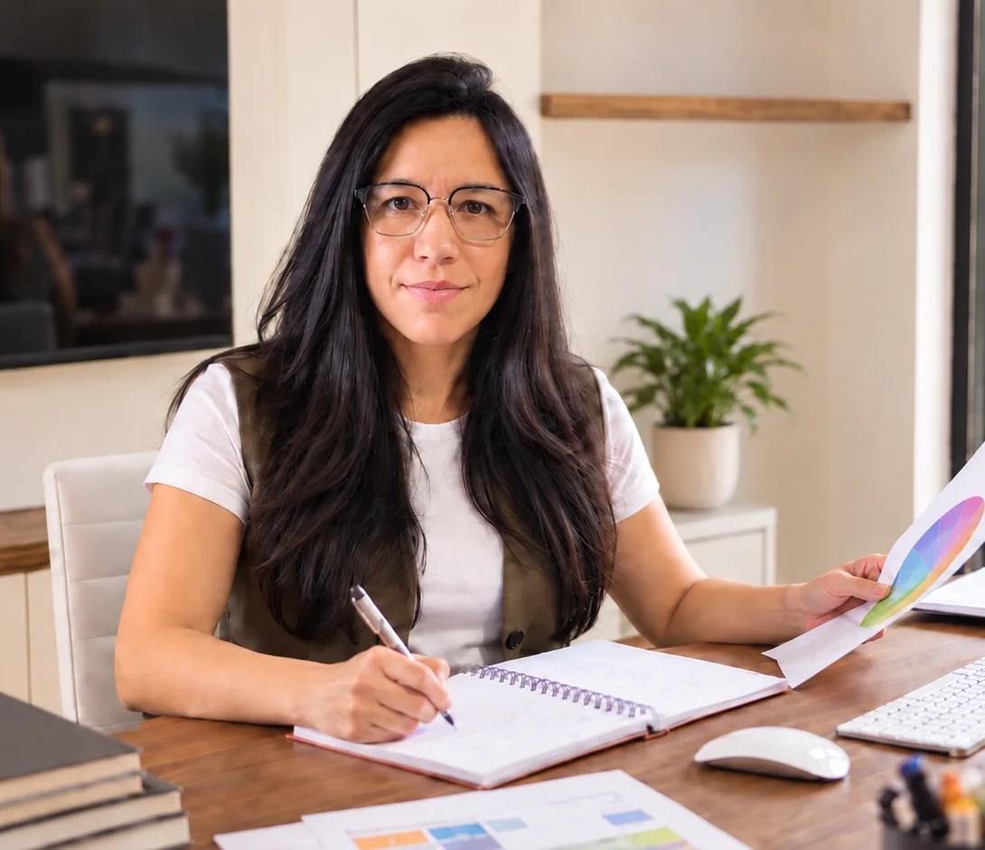 Mery González trabajando en su escritorio con una paleta de color